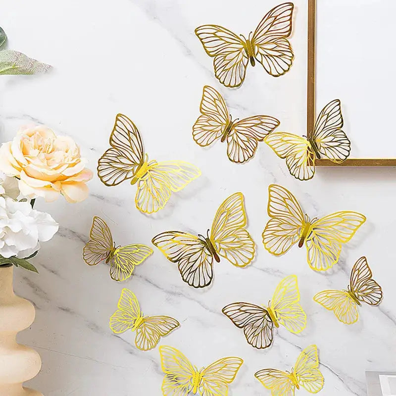 48 Pieces 3D Butterfly Wall Decor Set In Gold Finish With 4 Styles And 3 Sizes For Birthday Party Cake Room Decor