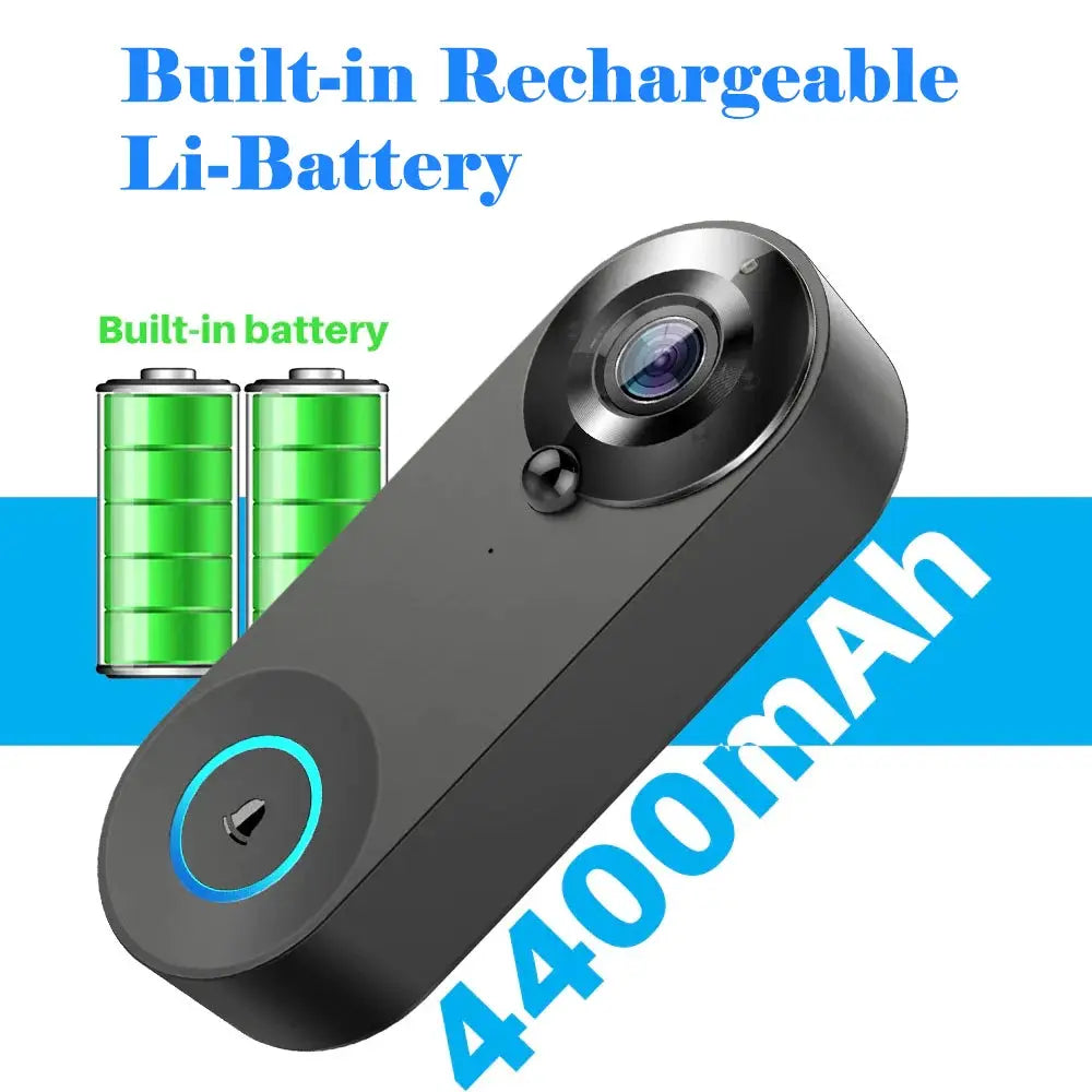 Simples Market 1080P wireless video doorbell with built-in battery; black unit with blue LED ring.