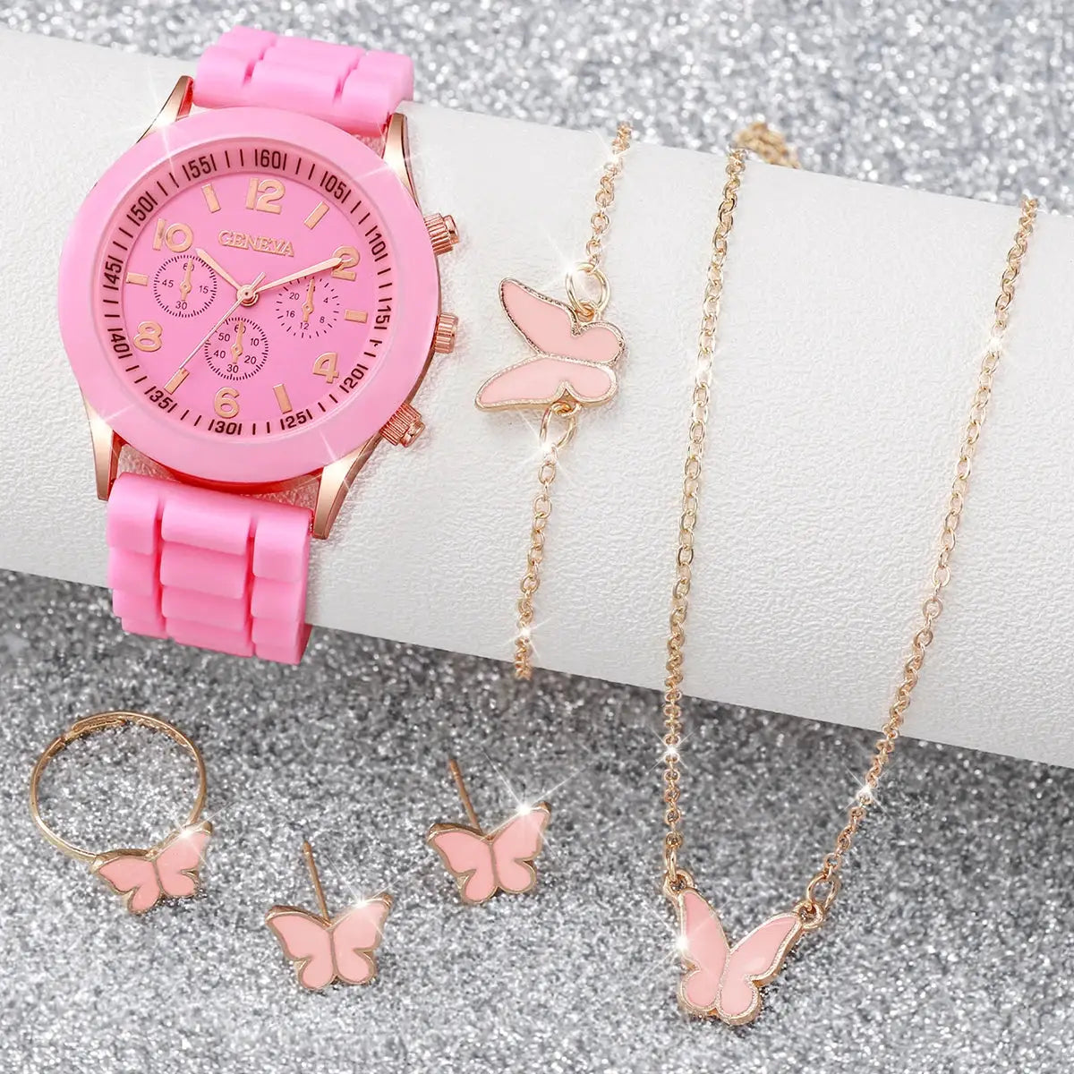 Pink silicone watch with gold-tone case; Simples Market 5-piece butterfly jewelry set: watch, ring, necklace, earrings