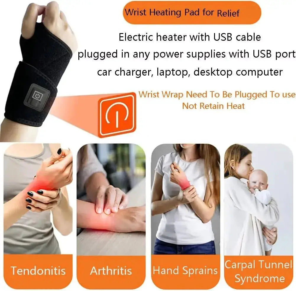 Simples Market heated wrist brace with black adjustable strap; USB powered; four panels show tendonitis, arthritis