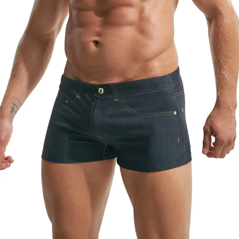 Simples Market 2XL men's denim print swim shorts; breathable boxer trunks in dark navy with gold button