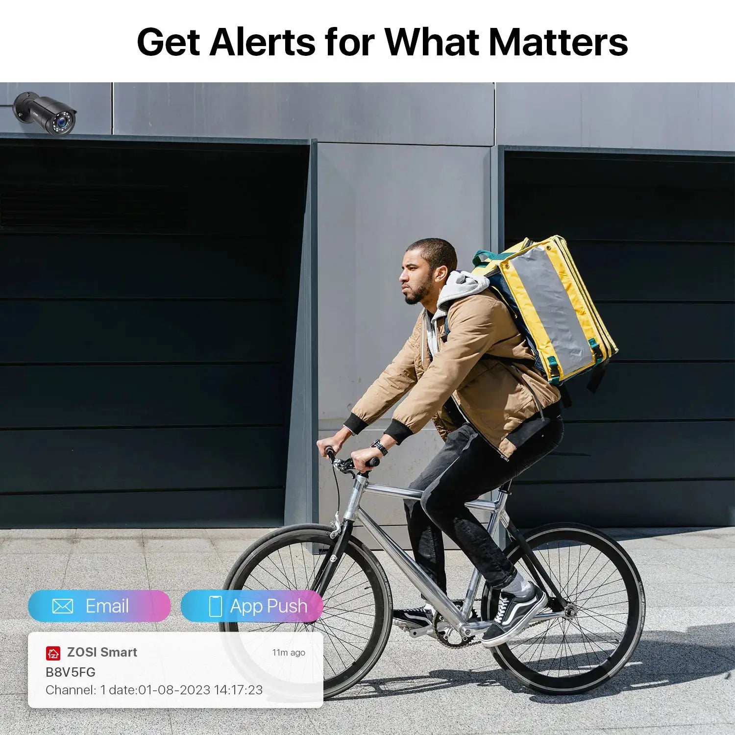 ZOSI security camera app UI overlay on an image of a cyclist with a yellow backpack