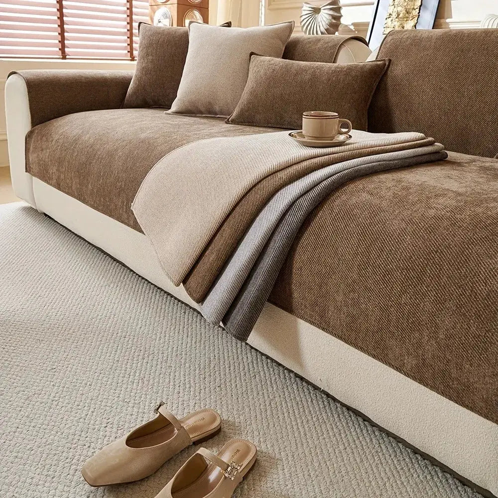 Simples Market Minimalist Twill Chenille Anti-Slip Sofa Cover in brown for all-season living room sofa
