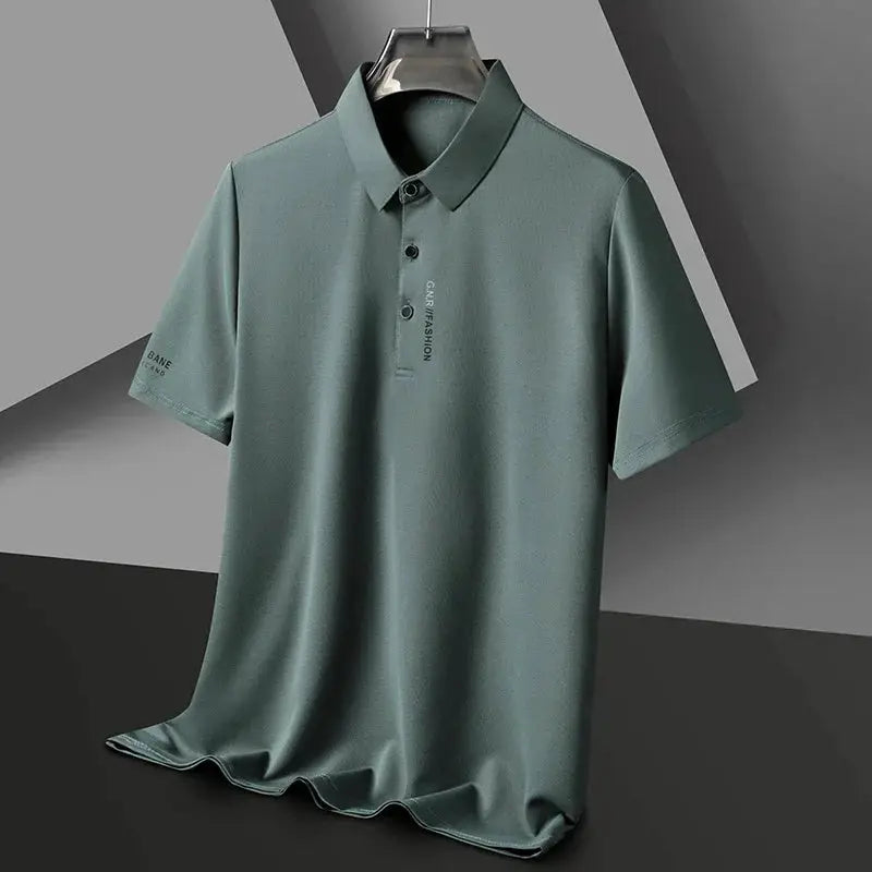 Ice silk polo shirt, men's teal short-sleeve polo with collar and button placket, casual golf top