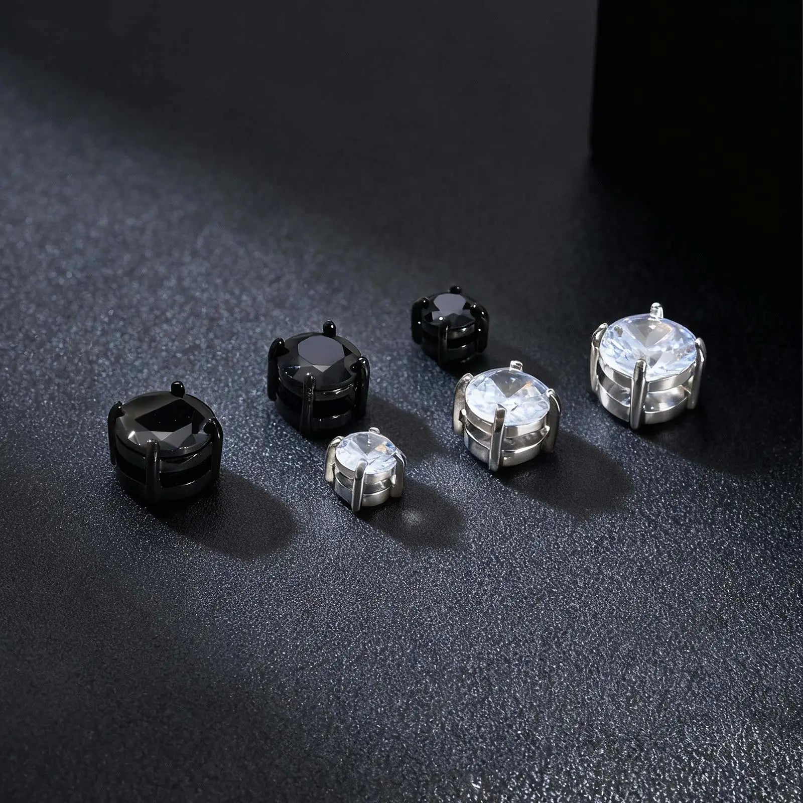 Punk round zircon magnetic ear studs set of 6, non-piercing stainless steel with black and clear stones