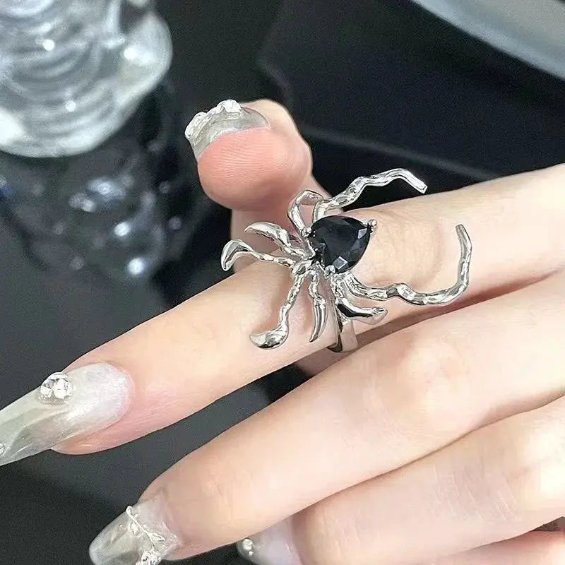 Goth punk open spider ring in silver-tone with black crystal body.