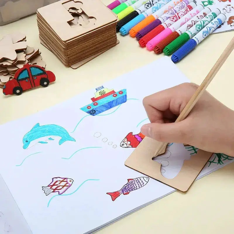 20 Pieces Montessori Wooden DIY Painting Stencils Set For Kids Educational Craft Toys And Puzzles Gift