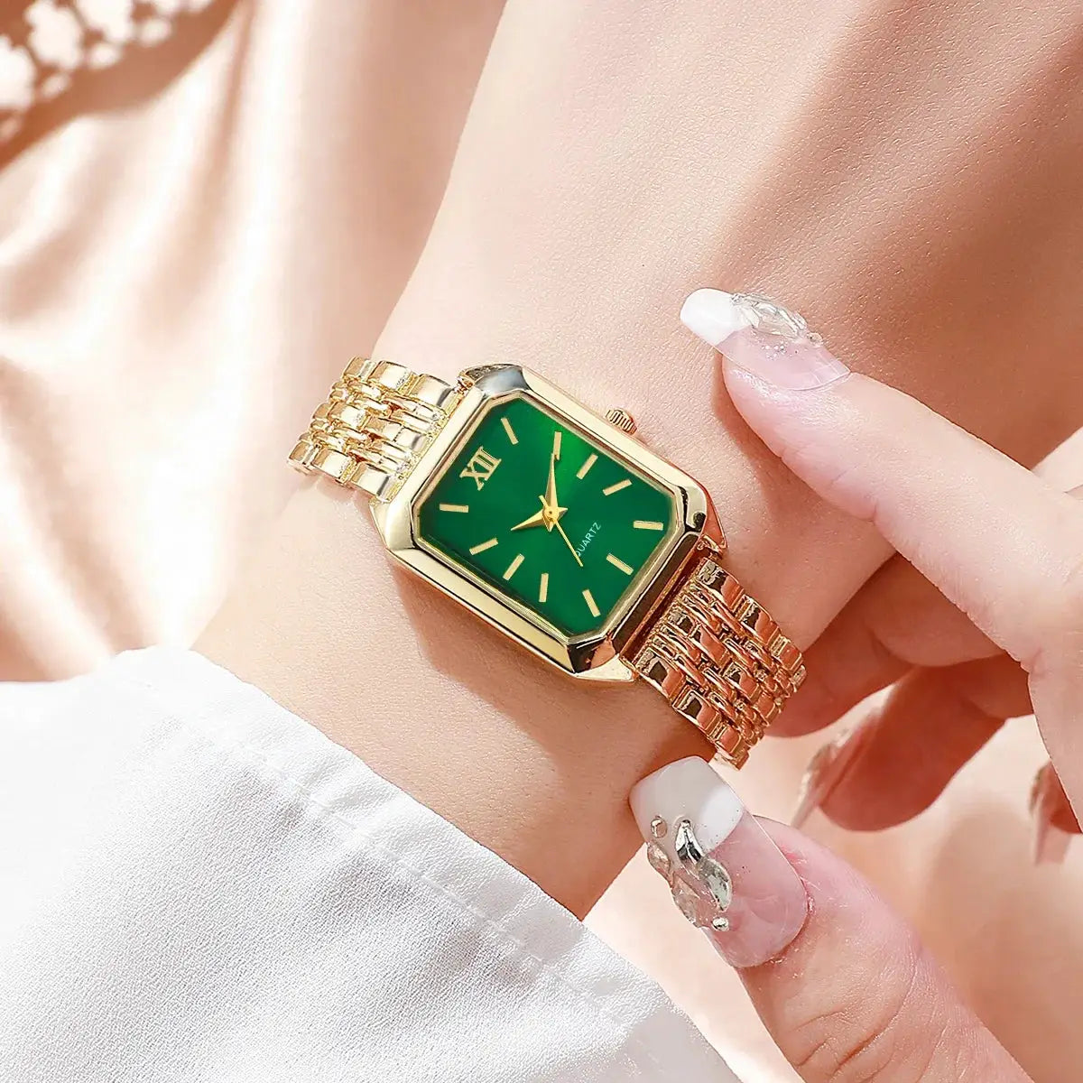 2-piece gold-tone rectangle women's quartz watch set with green dial