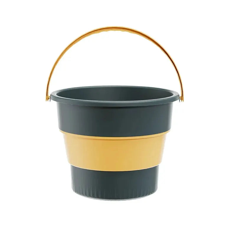 Foldable silicone bucket with yellow band and orange handle, blue-gray body, 5/10/17L capacity