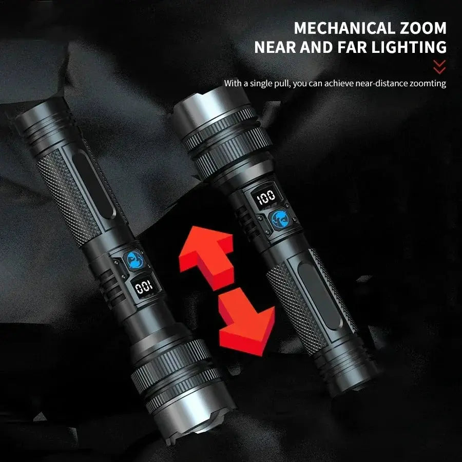 Simples Market 100000LM LED flashlight, black rechargeable tactical torches with digital display, two-pack