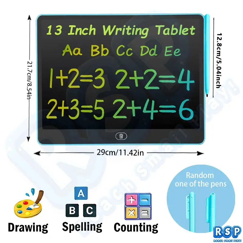 Simples Market 13-inch LCD drawing tablet with blue frame and stylus for kids 3–12, drawing, counting, spelling