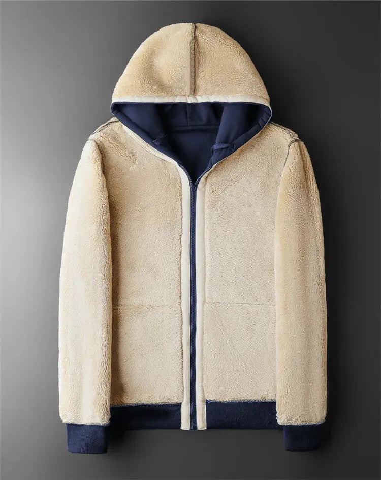 Beige sherpa fleece zip hoodie jacket with navy trim, hooded unisex