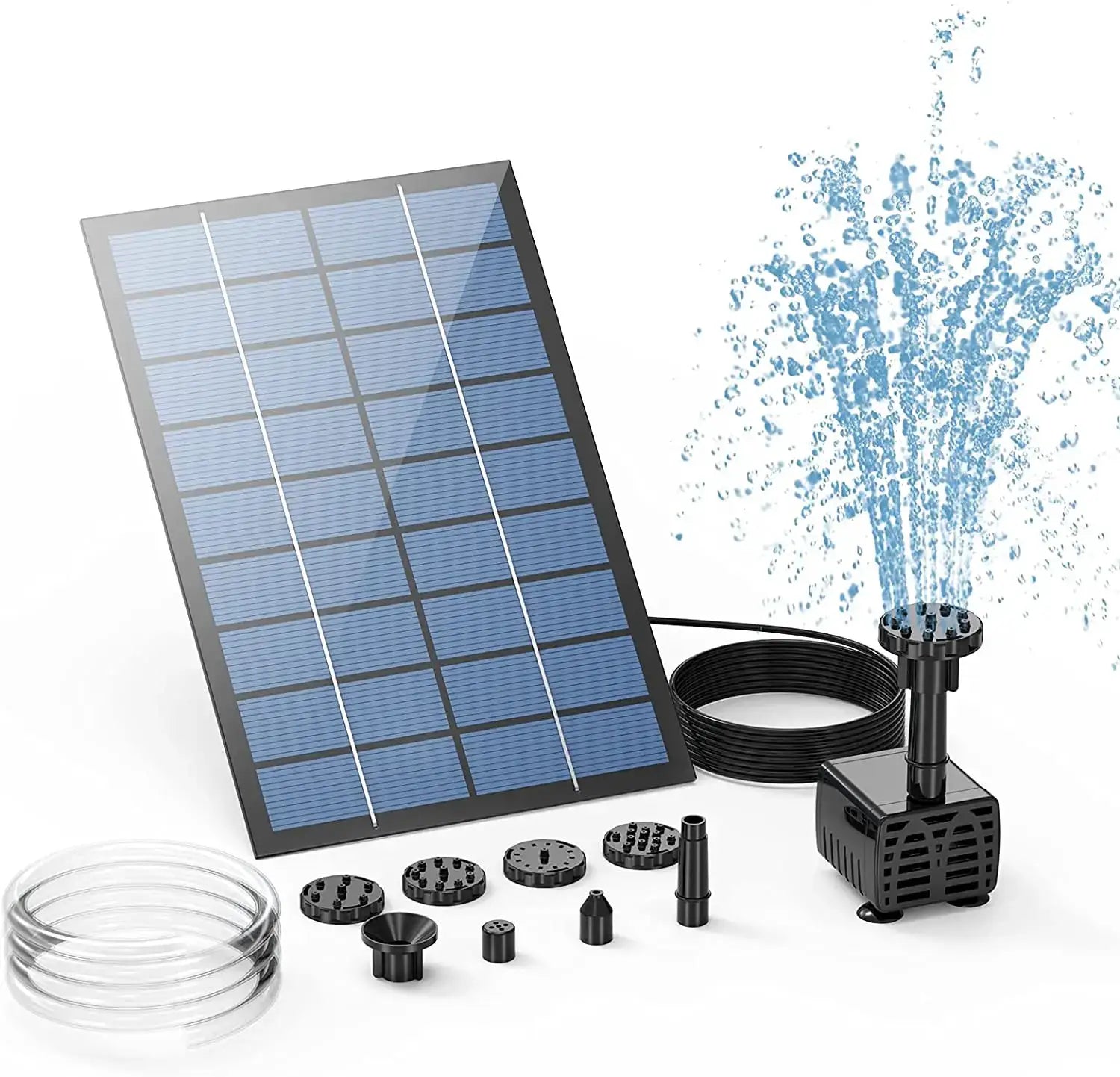 Solar fountain pump kit by Simples Market with solar panel, 6 nozzle heads and tubing for ponds.