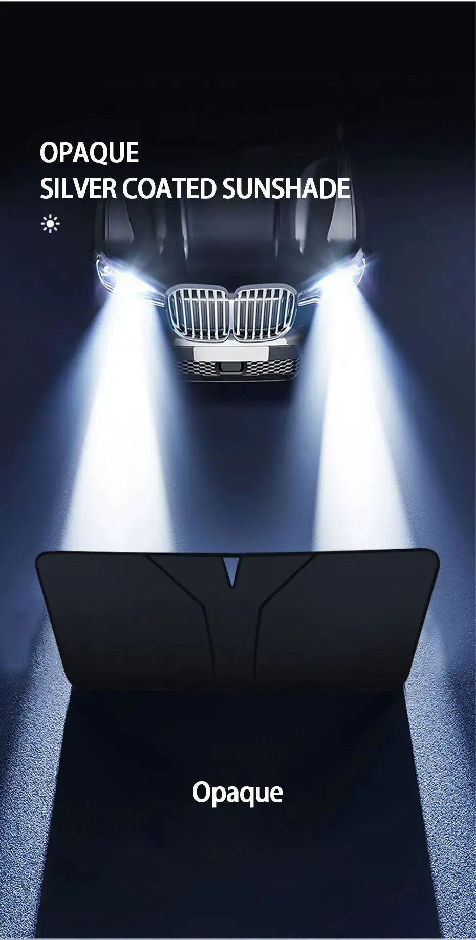 Car windshield sun shade with opaque silver-coated surface for front window heat insulation