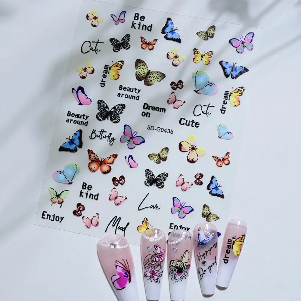 5D butterfly nail decal sheet with colorful butterflies and motivational words for manicures