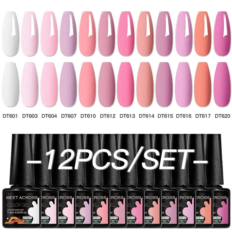 Meet Across 12pc gel nail polish set in pink glitter pastel shades.
