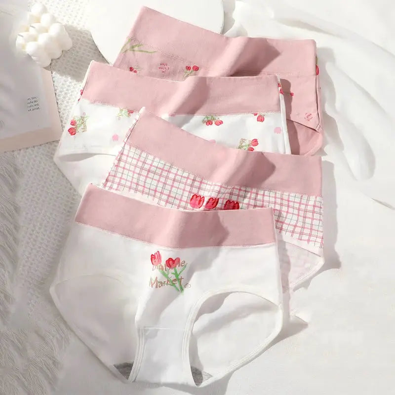 Simples Market 4-Piece cotton women panties with pink waistbands; breathable underwear in floral, plaid, and grid prints