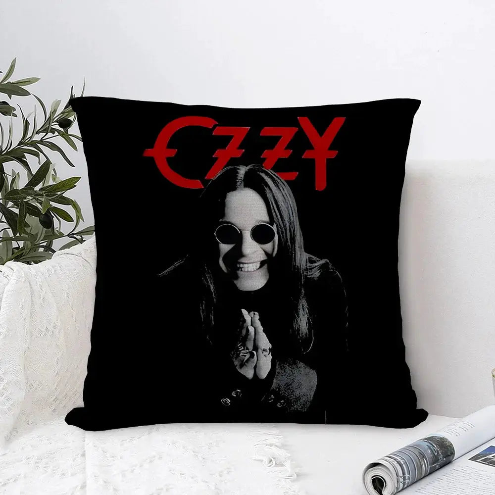 Pillow cover black square with grayscale Ozzy Osbourne portrait and red OZZY lettering, double-sided print