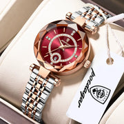 POEDAGAR women's wristwatch; rose-gold and silver stainless steel bracelet, red dial with crystal ring and date window