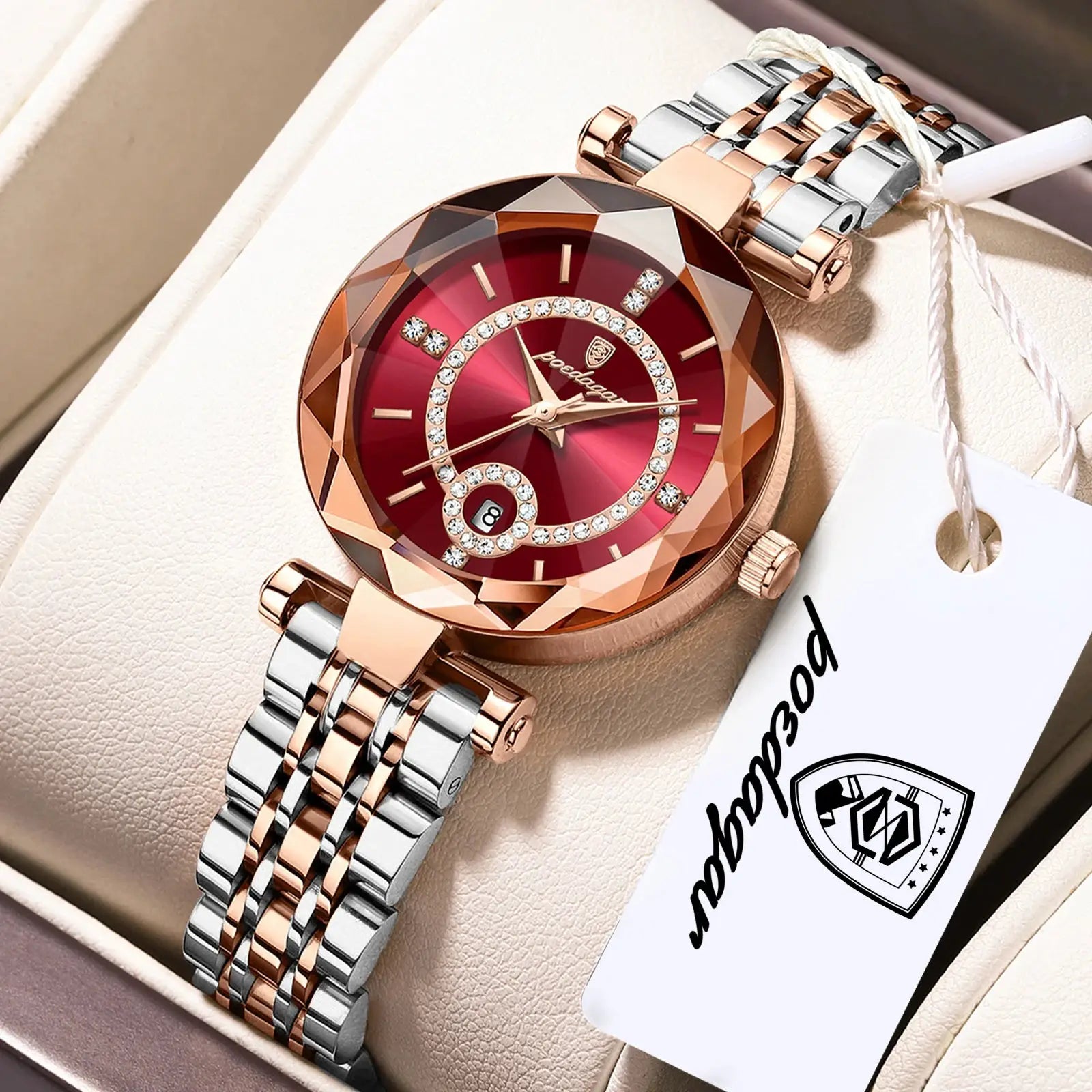 POEDAGAR women's wristwatch; rose-gold and silver stainless steel bracelet, red dial with crystal ring and date window