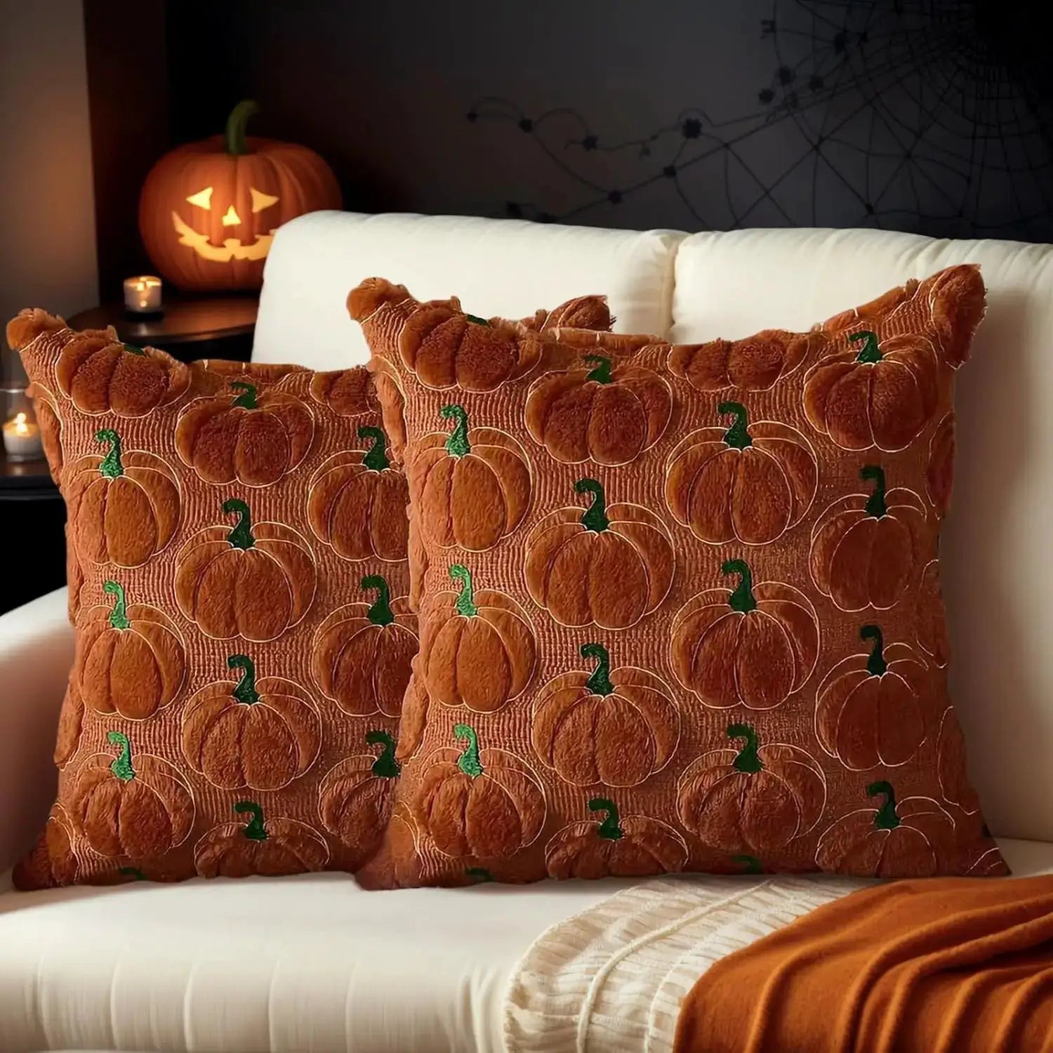 Two rust-orange pumpkin-pattern throw pillow covers for sofa decor