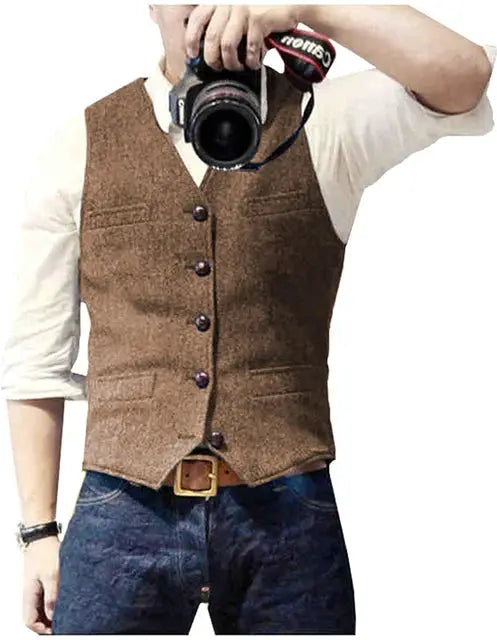 Men's V-neck waistcoat in brown herringbone tweed with five front buttons