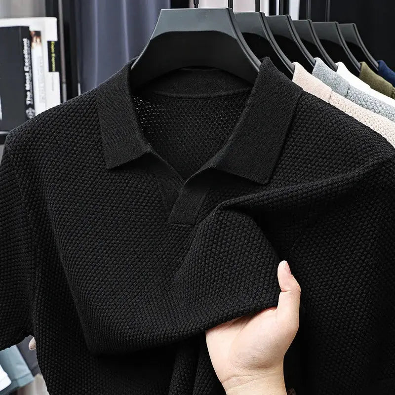 Simples Market men's 100% cotton black knitted polo shirt, short-sleeve