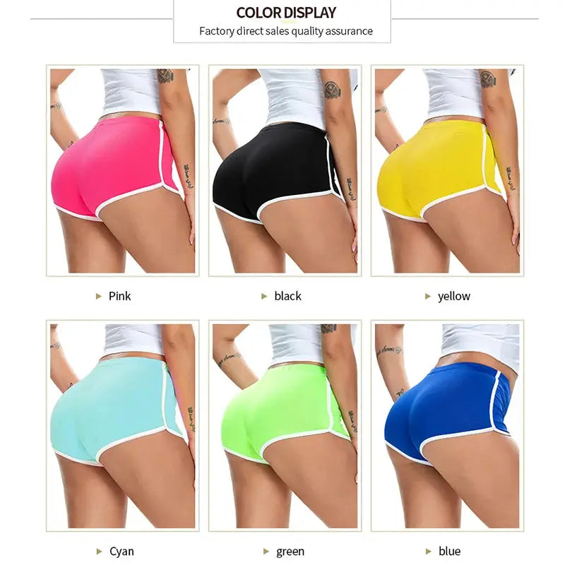 Women's stretch shorts with white trim; six color options (pink, black, yellow, cyan, green, blue).