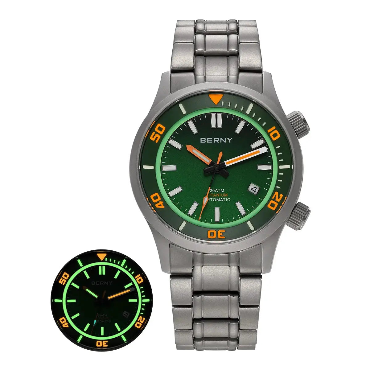 BERNY 20ATM Titanium Automatic Diver Watch for Men with green dial and orange accents; titanium bracelet; lume disc