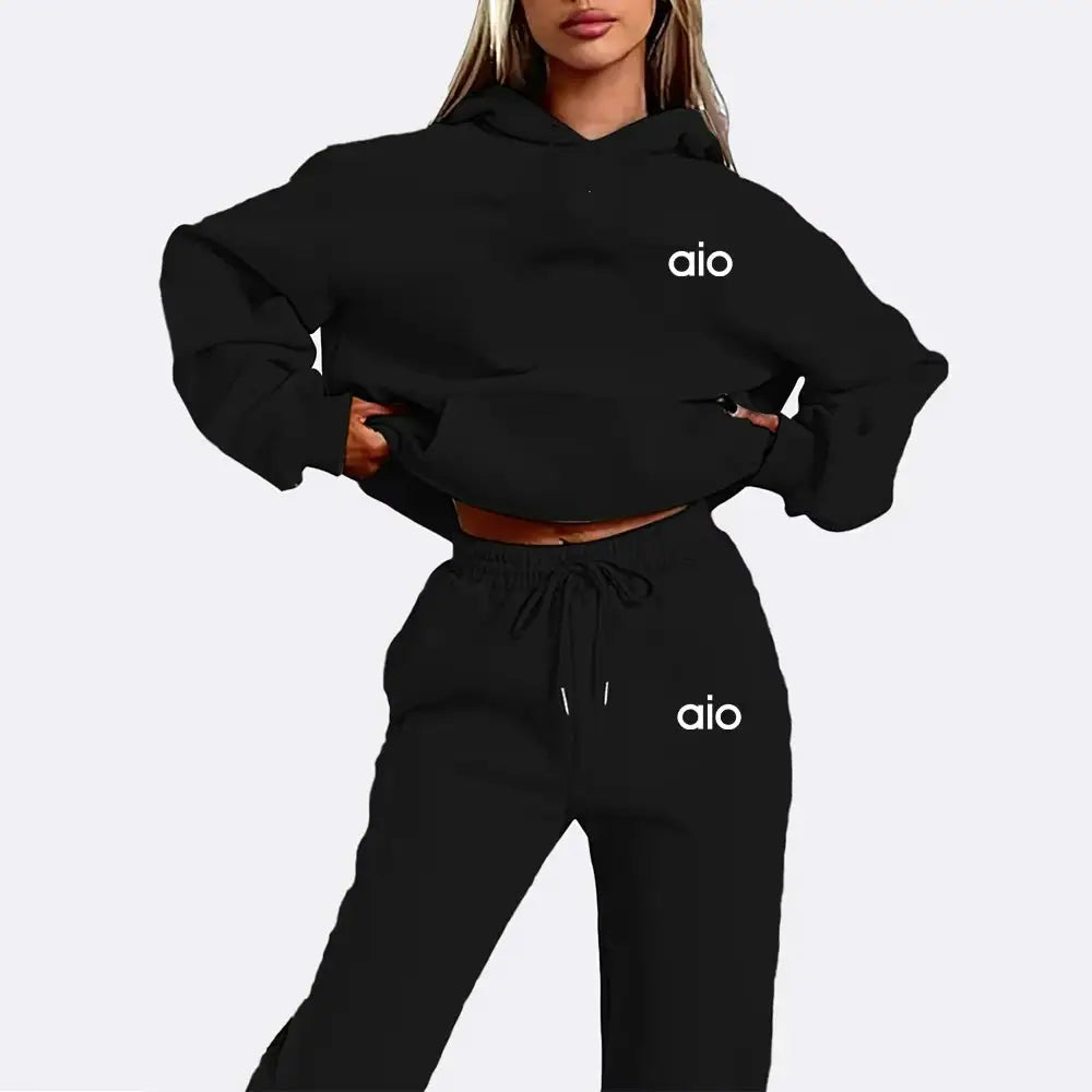 Ai Printing Women Monochrome Hooded Hoodie Set Premium Fleece For Autumn And Winter Daily Wear