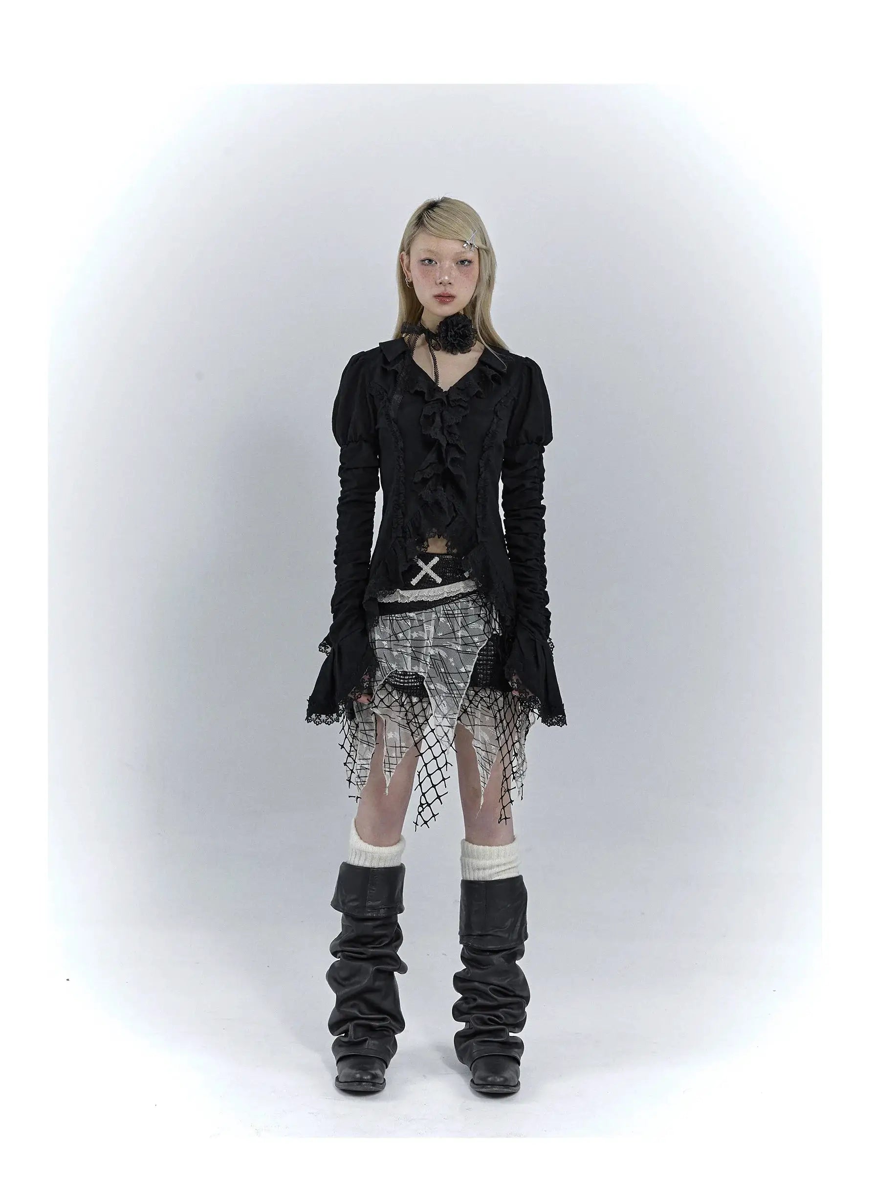 Karrcat Gothic black lace shirt with V-neck, ruffled front and puff sleeves