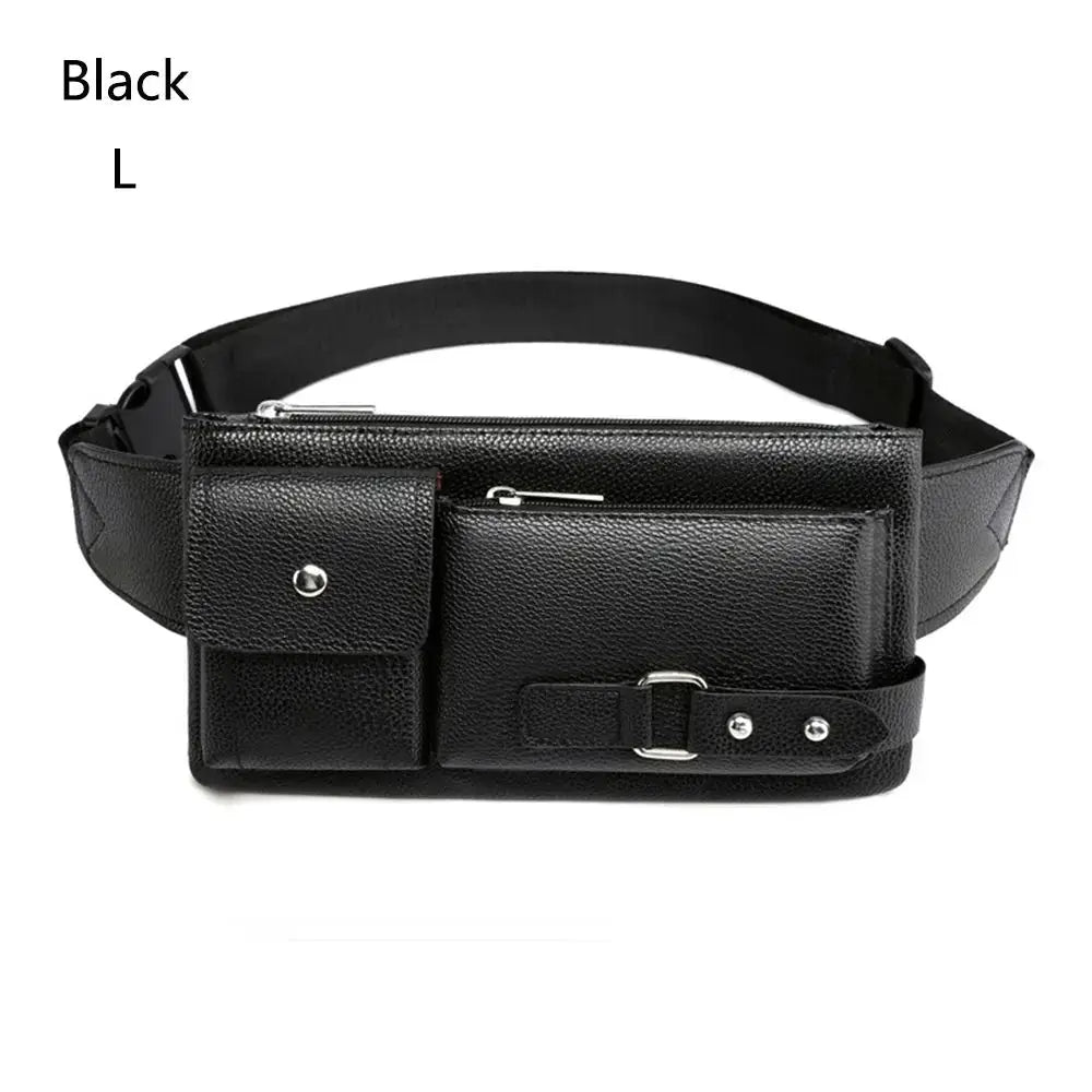 Black leather waist bag with front snap pocket and zip compartment, adjustable belt fanny pack