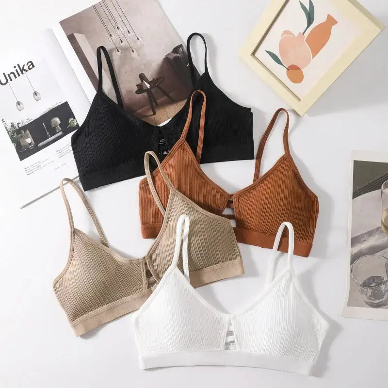 Women's ribbed hollow-out wireless bralette set in five colors (black, brown, beige, taupe, white).