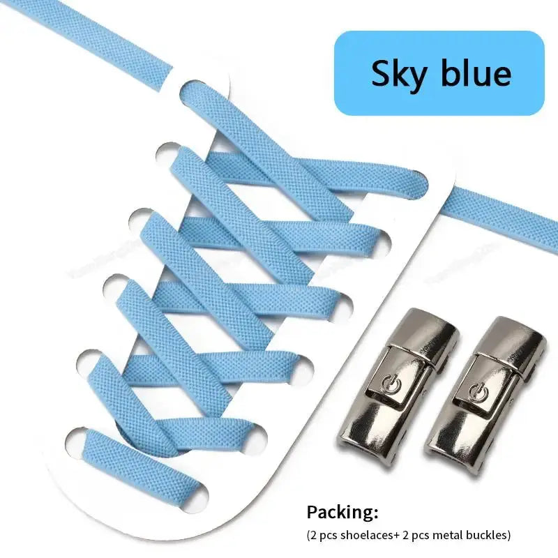 Sky blue elastic no-tie shoelaces for sneakers; pack includes 2 laces and 2 metal buckles