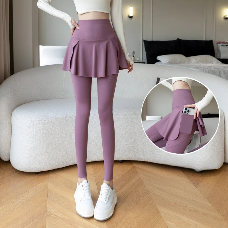 Women's purple high-waist leggings with built-in skirt overlay and pocket, Simples Market, seamless fitness yoga pants