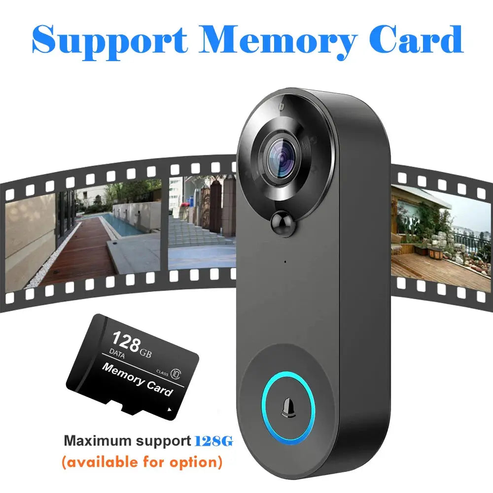 Simples Market 1080P wireless video doorbell; black smart doorbell with blue ring light, night vision, motion detection.