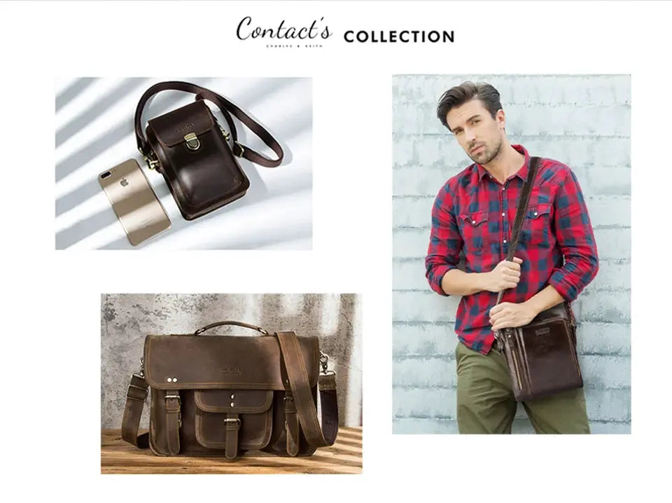 Contact's Crazy Horse leather men's wallet collection; brown trifold wallet with zip coin pocket, plus leather bag.