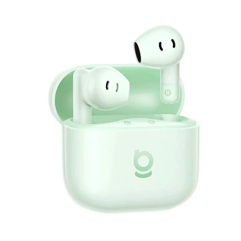 Baseus Bass BS2 Lite true wireless earbuds pair in mint green with charging case; Bluetooth 6.0, AI ENC, 2 mics.
