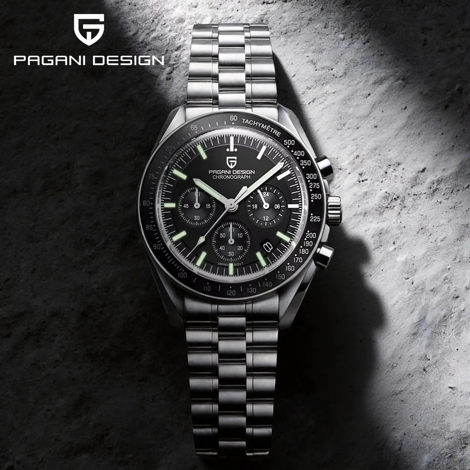 Pagani Design men's chronograph wristwatch with stainless steel bracelet, black dial and tachymeter bezel.