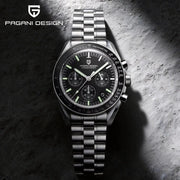 Pagani Design men's chronograph wristwatch with stainless steel bracelet, black dial and tachymeter bezel.