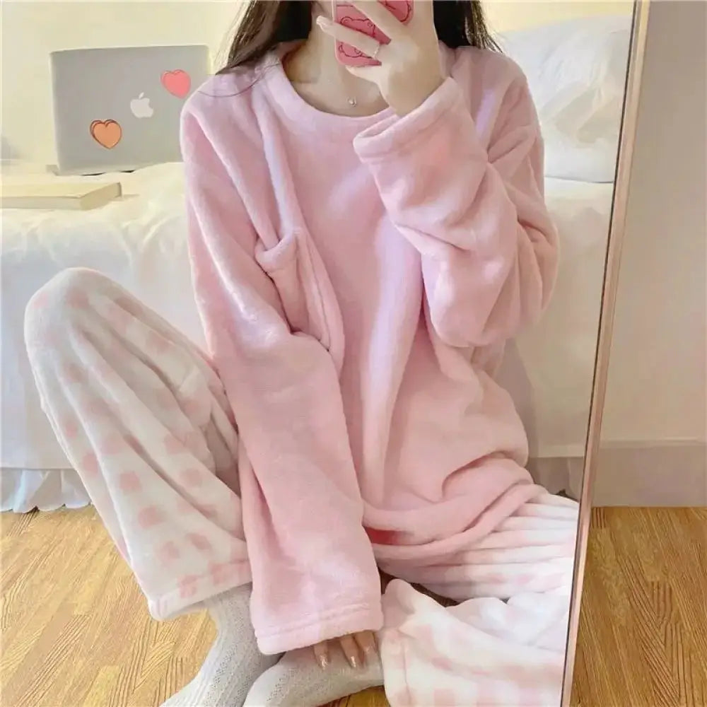 CozyNest Fleece Thick Warm Womens Pajama Set With Solid Top And Plaid Ankle Length Pants