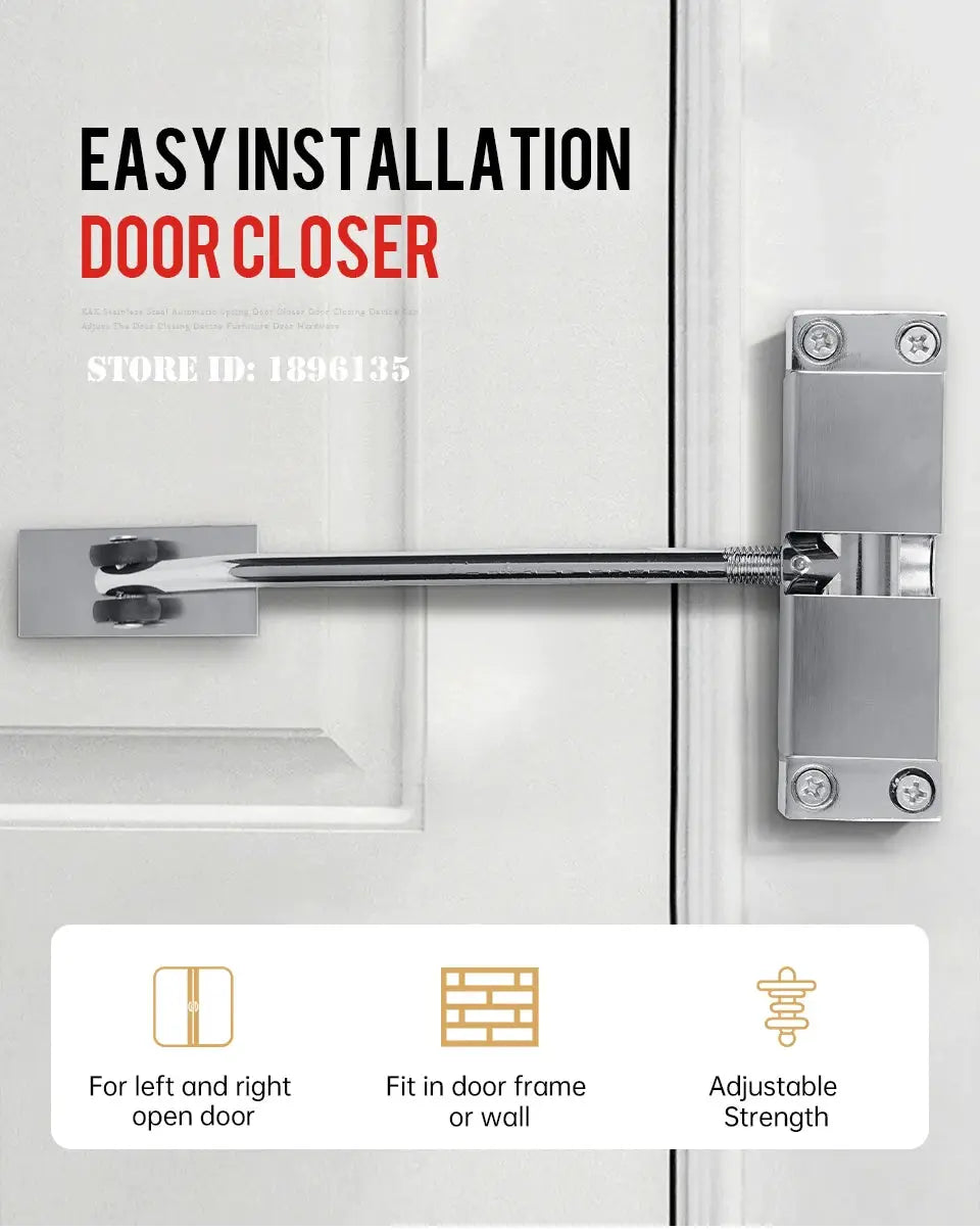 KAK stainless steel automatic door closer with adjustable strength, mounted on door and frame