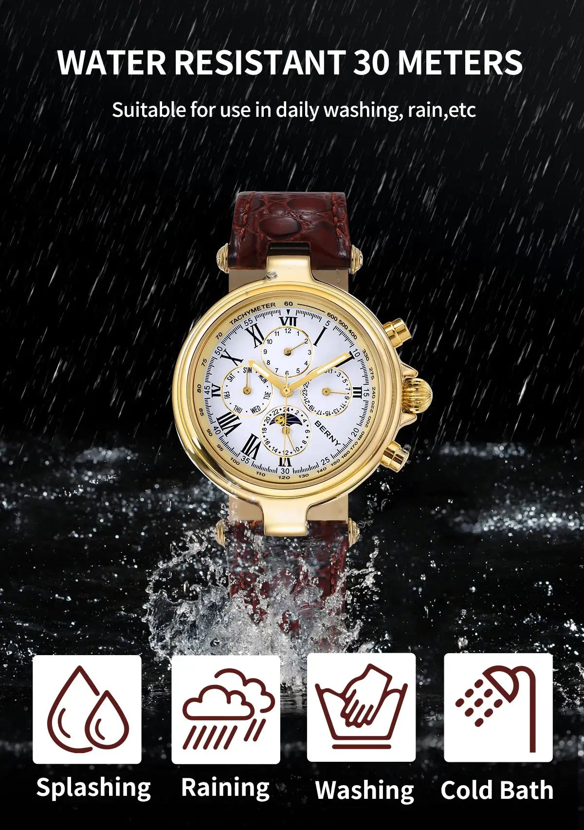 BERNY retro automatic men's watch with sun and moon phase, gold-tone case, brown leather strap.