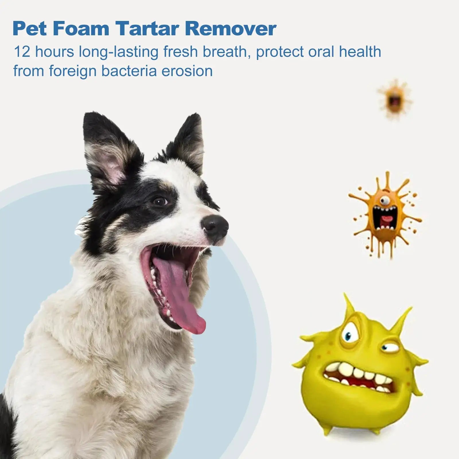 Pet Mouth Cleaning Foam by Simples Market; dog image with blue background and cartoon creatures