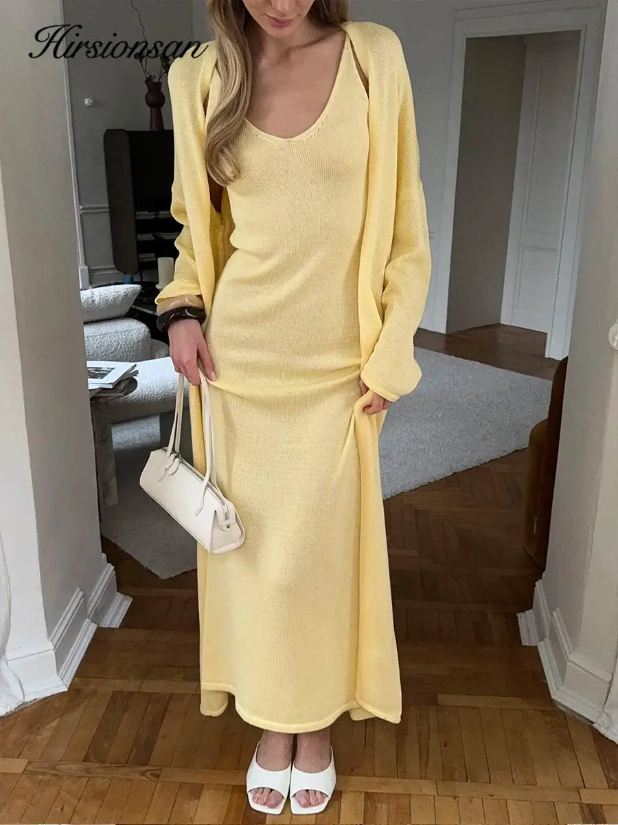 Three Piece Women Cardigan Vest Dress Set With Long Sleeve Outfit