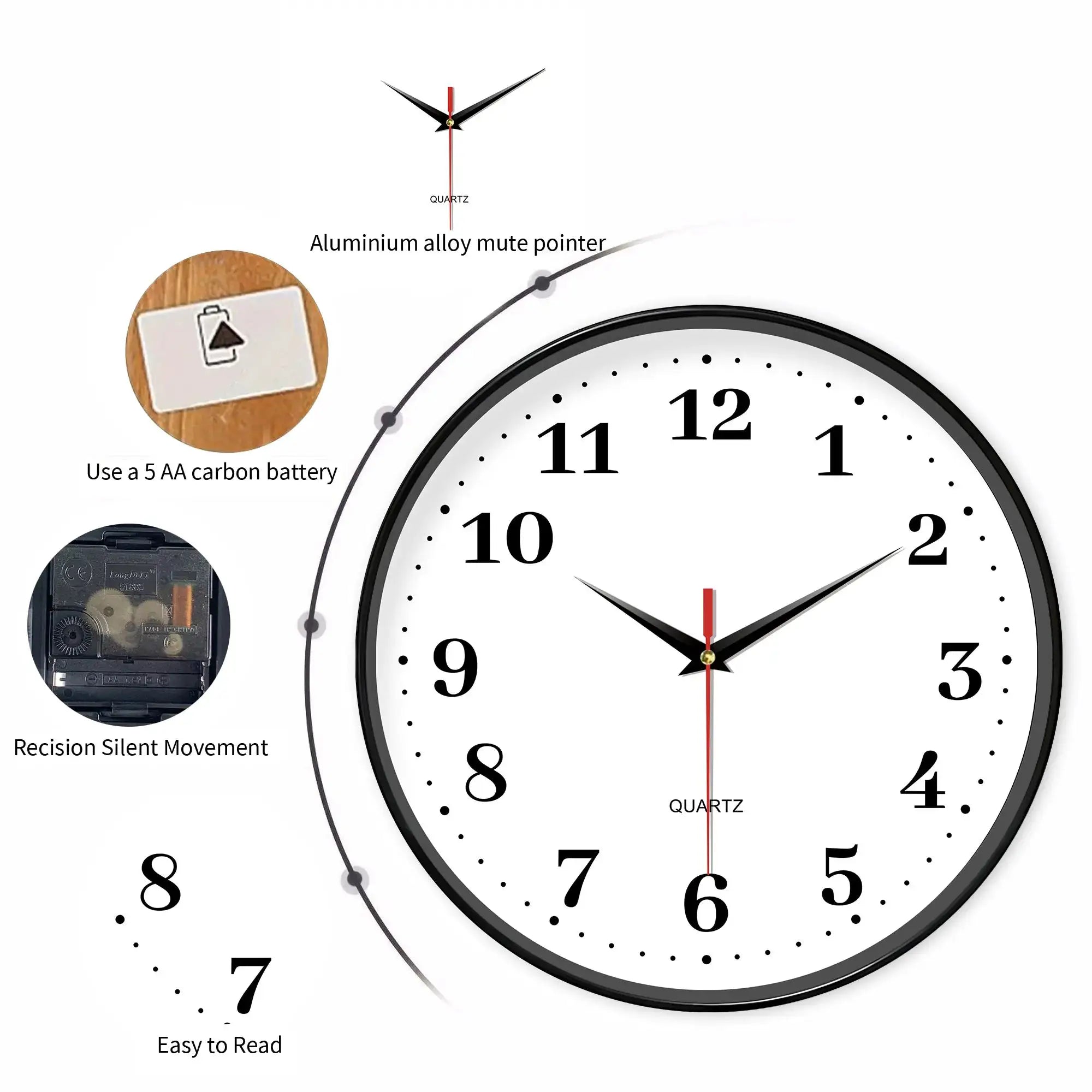 8-inch silent wall clock with a modern white dial, battery-operated quartz movement, Simples Market.