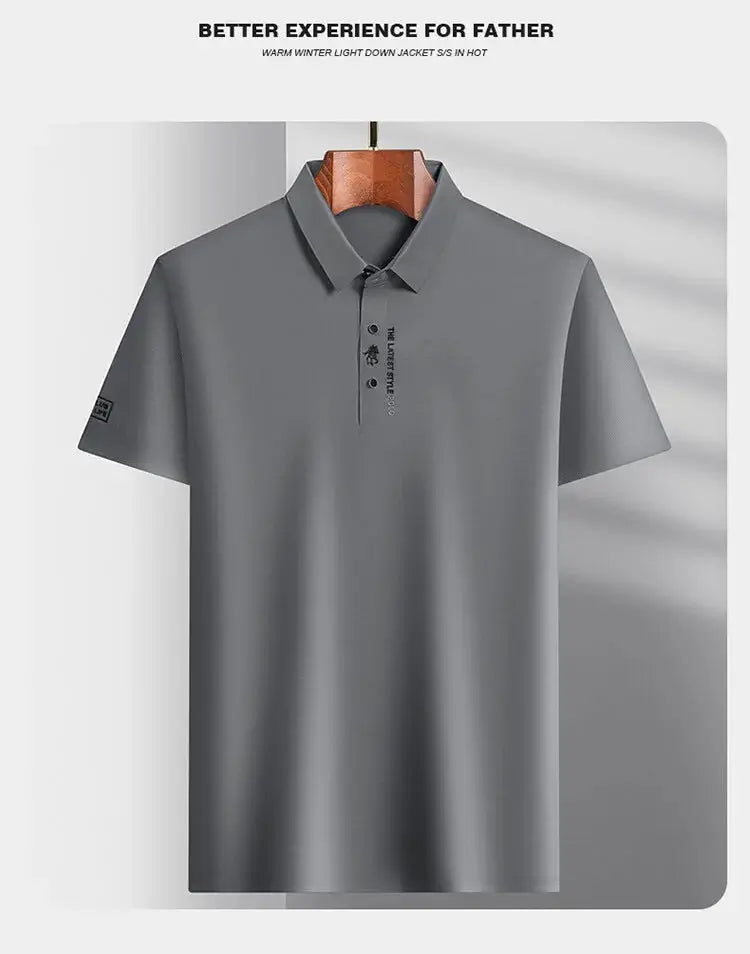 Simples Market men's ice silk polo shirt, gray short sleeves with subtle embroidery, breathable