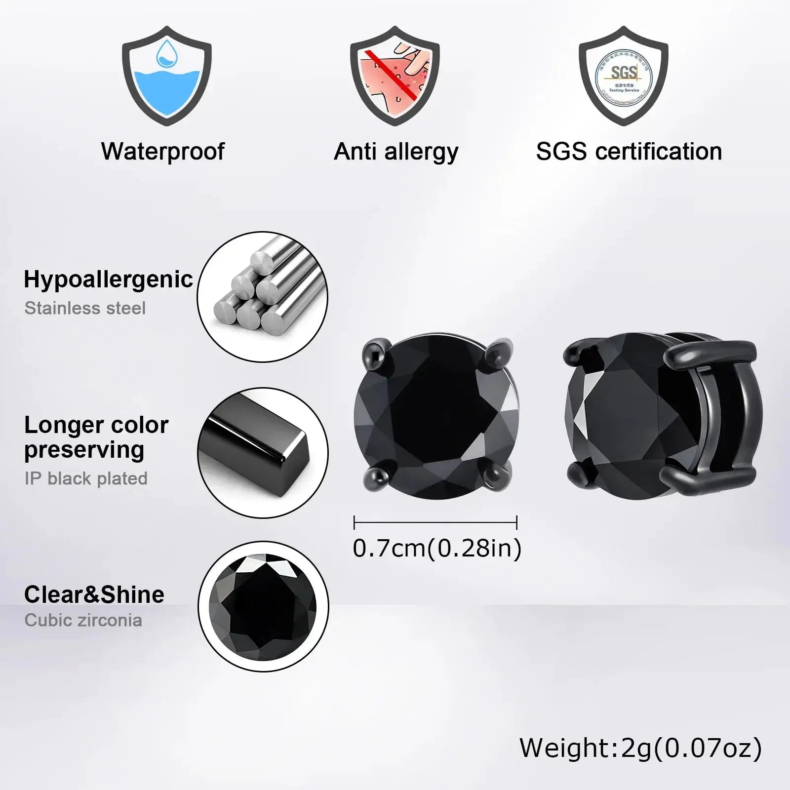 Punk round zircon magnetic ear studs, non-piercing stainless steel, black cubic zirconia, 2-pack