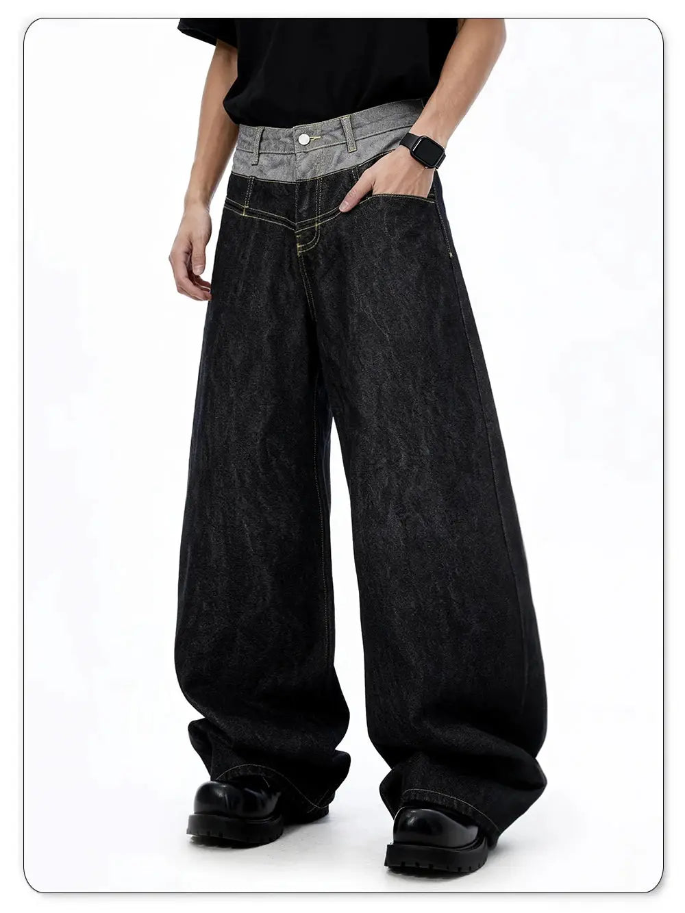 LIYS men's retro double-waist baggy wide-leg denim jeans with a two-tone gray waistband, unisex.