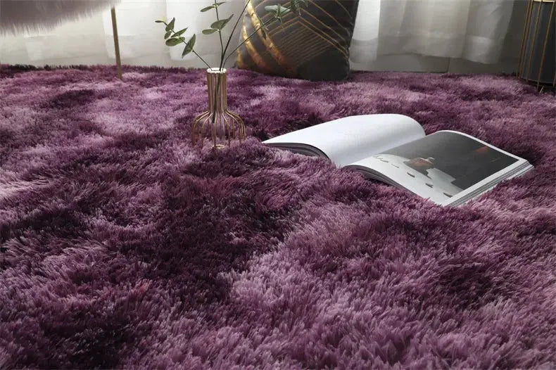 Purple fluffy shag area rug; extra-soft indoor living room carpet